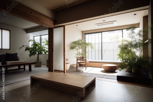 modern japanese-style interior with minimalist, sleek design and natural elements, created with generative ai