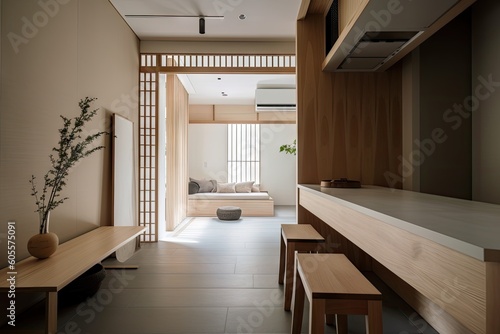 a minimalist japanese style interior with clean lines and natural materials  created with generative ai