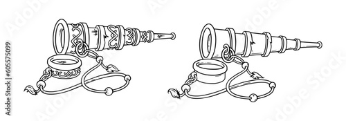 Pirate vintage spyglass for marine adventures. Retro telescope spy glass. Vector illustration isolated in white background