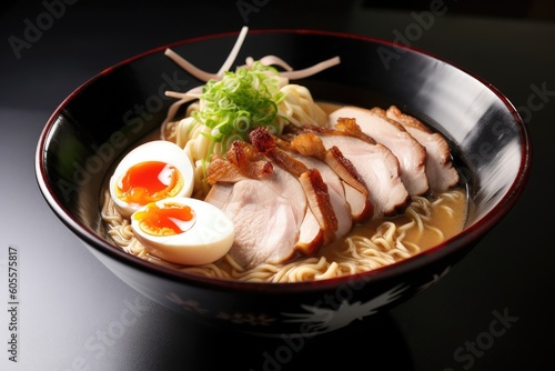 bowl of piping hot ramen, topped with slice of roast pork and soft-boiled egg, created with generative ai