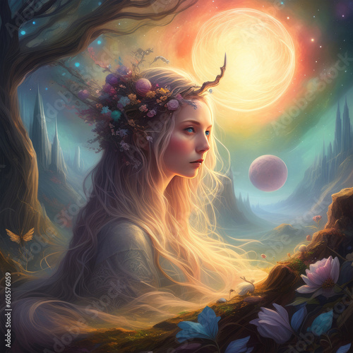 Beautiful fairy girl with long hair in a fantasy forest.