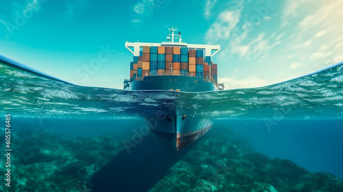 Under water view from boat, copy space Container ship or cargo shipping business logistic import and export freight transportation by container ship in open sea, Container loading cargo freight ship.