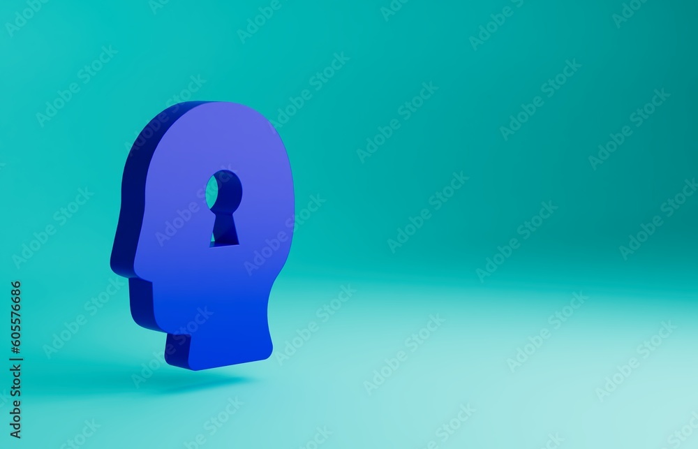 Blue Solution to the problem in psychology icon isolated on blue background. Key. Therapy for mental health. Minimalism concept. 3D render illustration Blue Solution to the problem in psychology icon isolated on blue background. Key. Therapy for mental health. Minimalism concept. 3D render illustration