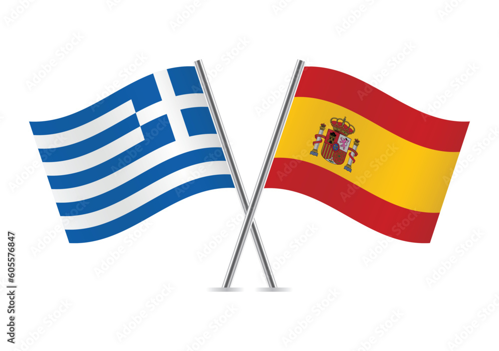 Greece and Spain crossed flags. Greek and Spanish flags on white background. Vector icon set. Vector illustration. Greece and Spain crossed flags. Greek and Spanish flags on white background. Vector icon set. Vector illustration.