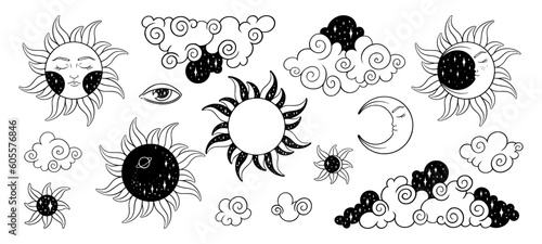 Tarot sun and moon esoteric set. Spiritual tarot elements with celestial and antique symbols. Vector illustration isolated in white background