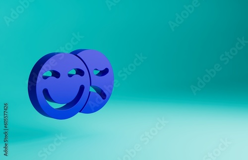 Blue Comedy and tragedy theatrical masks icon isolated on blue background. Minimalism concept. 3D render illustration