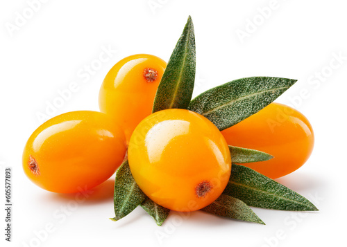 Buckthorn isolated. Sea buckthorn with leaves on white background. Buckthorn berries with clipping path. Full depth of field. Perfect retouched image.