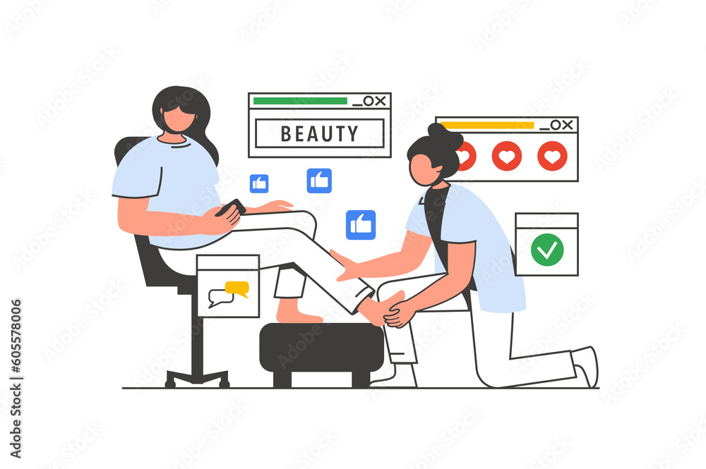 Beauty salon outline web concept with character scene. Woman getting procedure of foot massage in spa. People situation in flat line design. Illustration for social media marketing material. Beauty salon outline web concept with character scene. Woman getting procedure of foot massage in spa. People situation in flat line design. Illustration for social media marketing material.