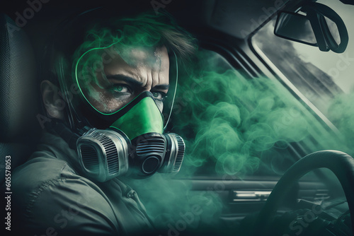 Driver wearing respirator or gas mask. Bad smell in the car. Concept of faulty air conditioners. Smelly gas blowing fron air vents ducts. generative AI. © Klemenso