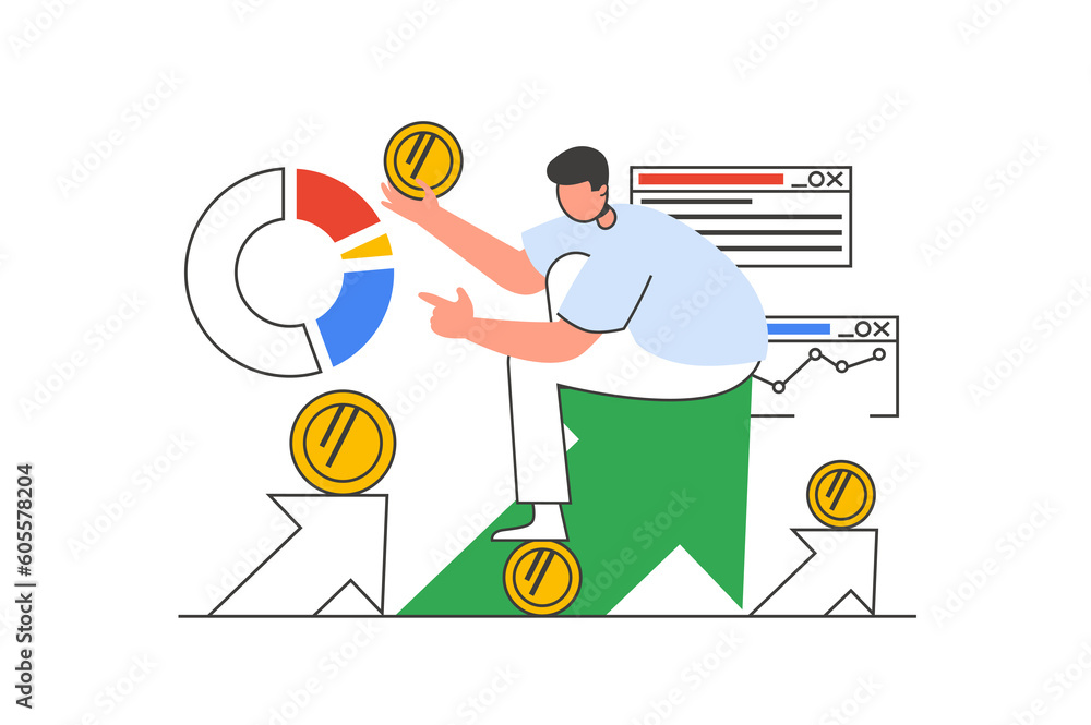 Business growth outline web concept with character scene. Man investing and getting financial success. People situation in flat line design. Illustration for social media marketing material.