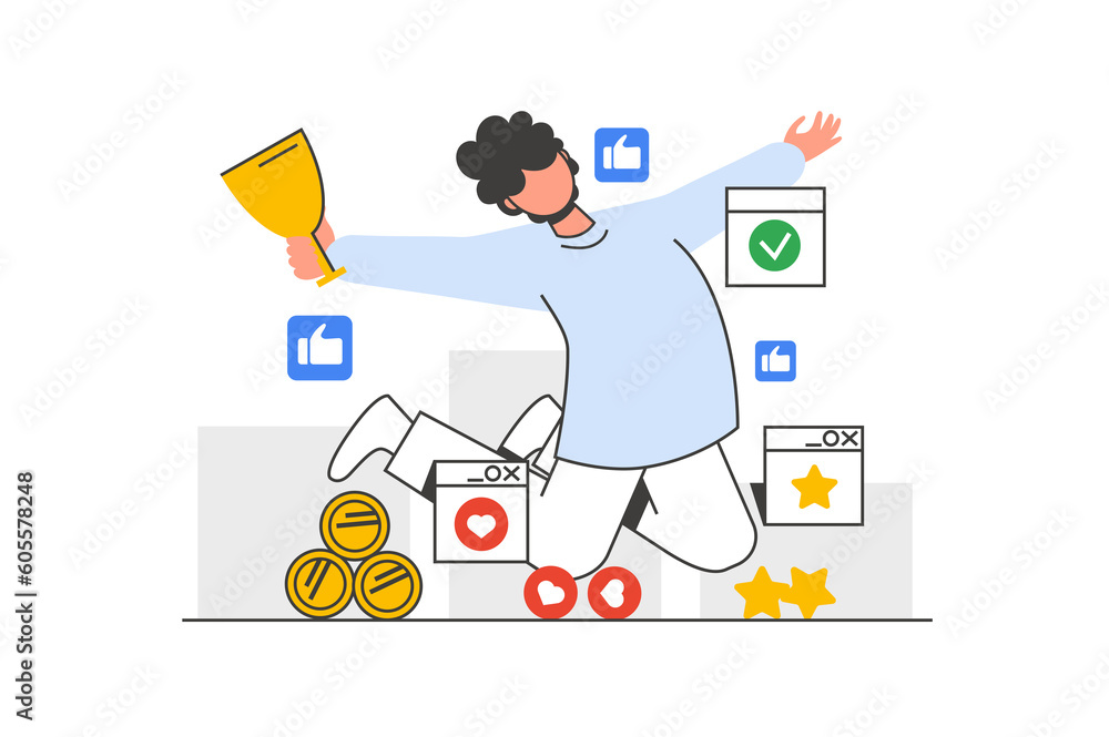 Business award outline web concept with character scene. Man getting success and winning golden cup. People situation in flat line design. Illustration for social media marketing material. Business award outline web concept with character scene. Man getting success and winning golden cup. People situation in flat line design. Illustration for social media marketing material.