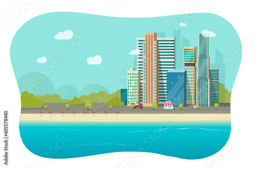 City beach landscape sea view vector, seaside ocean shore cityscape skyscrapers flat cartoon graphic illustration, urban town street skyline coast panorama modern clipart image design