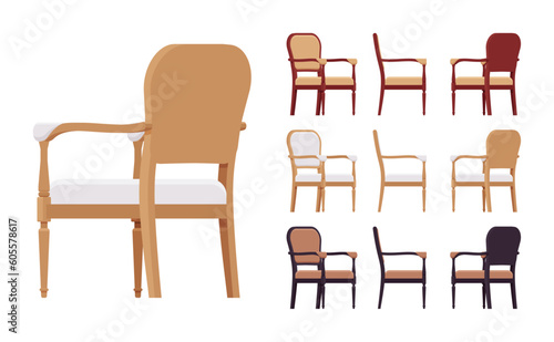 Armchair, soft back furniture big set, natural brown colors. Comfortable dinner seating, reading, formal meeting, welcoming interior. Vector flat style cartoon home, office isolated, white background
