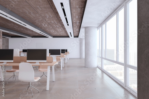 Light coworking office interior with furniture  equipment and other objects in daylight. 3D Rendering.