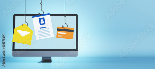Foto Phishing attack, cybercrime and hacking concept with fish hooks stealing personal data, mail and credit card details from computer on blue background with place for poster