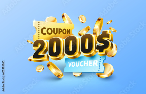 2000 dollar coupon gift voucher, cash back banner special offer. Vector illustration