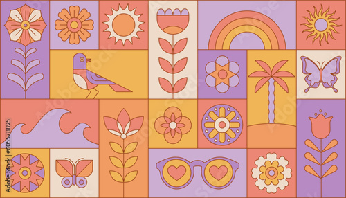 Vector illustration in simple linear style - summer geometrical banner, design template and stickers - rainbow flowers, butterflies and palm