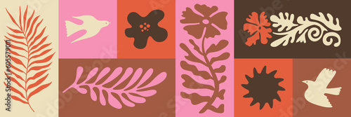Vector illustration in simple hand drawn and linocut style - natural print, poster or logo design template - spring illustration - birds and flowers