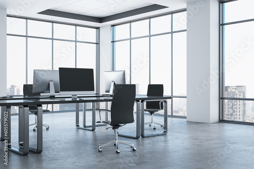 Clean minimal coworking office interior with furniture and panoramic windows with city view. 3D Rendering. © Who is Danny