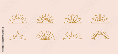 Vector set of linear boho icons and symbols - sun logo design templates  - abstract design elements for decoration in modern minimalist style for social media posts