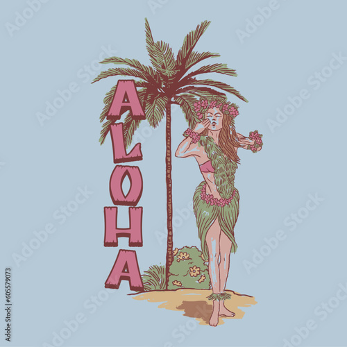 HAND DRAWN HULA GIRL HAWAIIAN ALOHA PAINTED BRUSH STROKE TROPICAL ISLAND WOMAN PERSON TRAVEL VACATION DESTINATION VINTAGE TSHIRT TEE PRINT FOR APPAREL MERCHANDISE