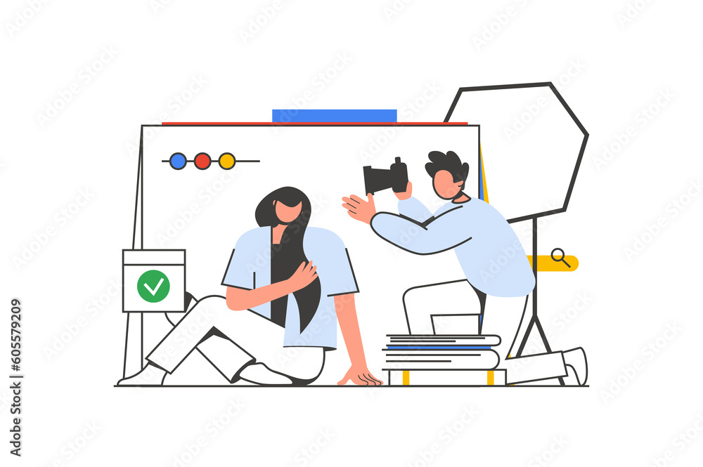 Photo studio outline web concept with character scene. Woman posing for photographer at profession shoot. People situation in flat line design. Illustration for social media marketing material. Photo studio outline web concept with character scene. Woman posing for photographer at profession shoot. People situation in flat line design. Illustration for social media marketing material.