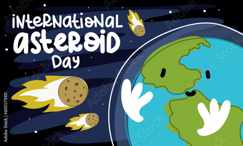 Vector illustration for international asteroid day. Asteroids rushing towards earth on a blue background with stars Cartoon illustration, the earth with a face and protecting hands as a banner June 30