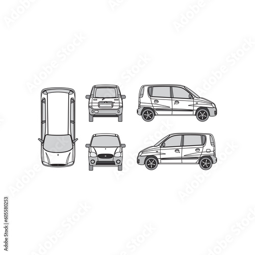 car outline, year 1999, isolated white background, front, back, top and side view