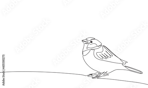 Little bird is sitting. Titmouse. Continuous line one drawing. Vector illustration. Simple line illustration.