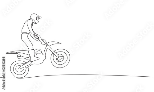 Motorcyclist jumping on a motorcycle. Continuous line one drawing. Vector illustration. Simple line illustration.