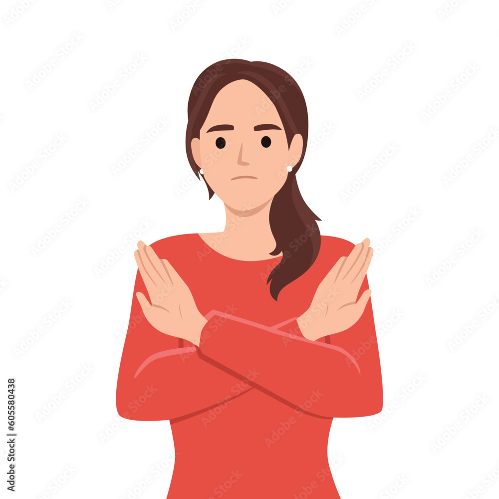 Angry woman standing with the crossed arms, no sign. Refuse gesture, negative expression. Flat vector illustration isolated on white background Angry woman standing with the crossed arms, no sign. Refuse gesture, negative expression. Flat vector illustration isolated on white background