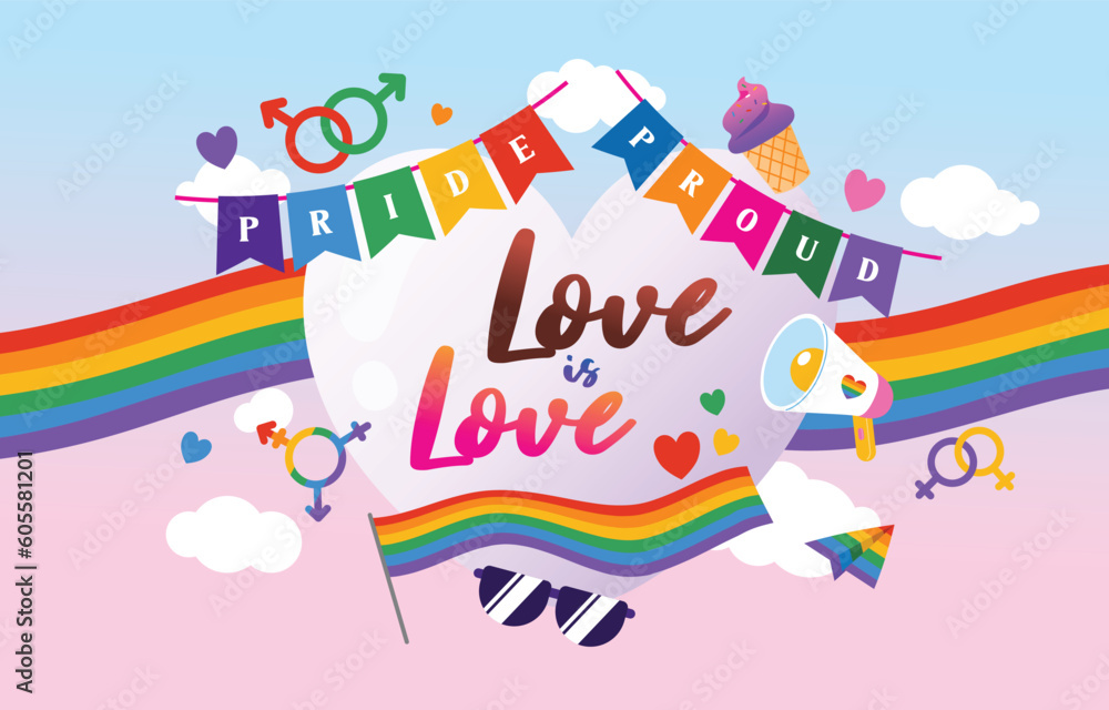 Love Poster For LGBTQ+ Pride Month Rainbow Background Banner, Vector, Illustration