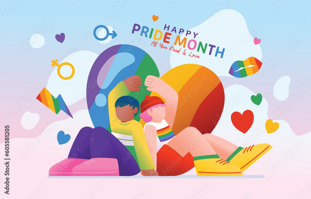 LGBTQ+ Lover Couple Show Love Hand Gesture In Front Of Rainbow Giant Heart, Vector, Illustration LGBTQ+ Lover Couple Show Love Hand Gesture In Front Of Rainbow Giant Heart, Vector, Illustration