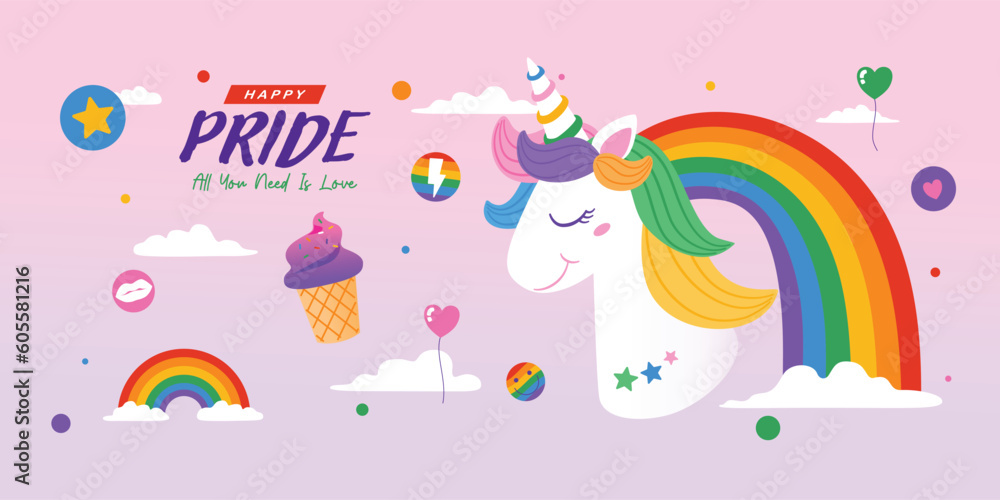 Pride Month Poster With Rainbow Unicorn In Sky, Vector, Illustration
