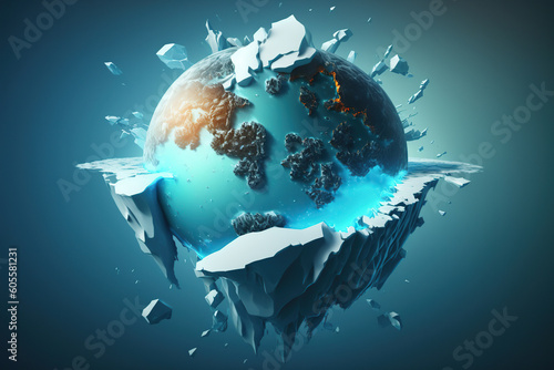 Planet Earth like a glacier melting on blue background climate change  Global warming  AI Generative.