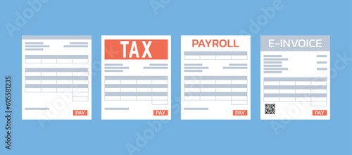 group of taxes payment document paper with electronic receipt or financial transaction bills, vector flat illustration