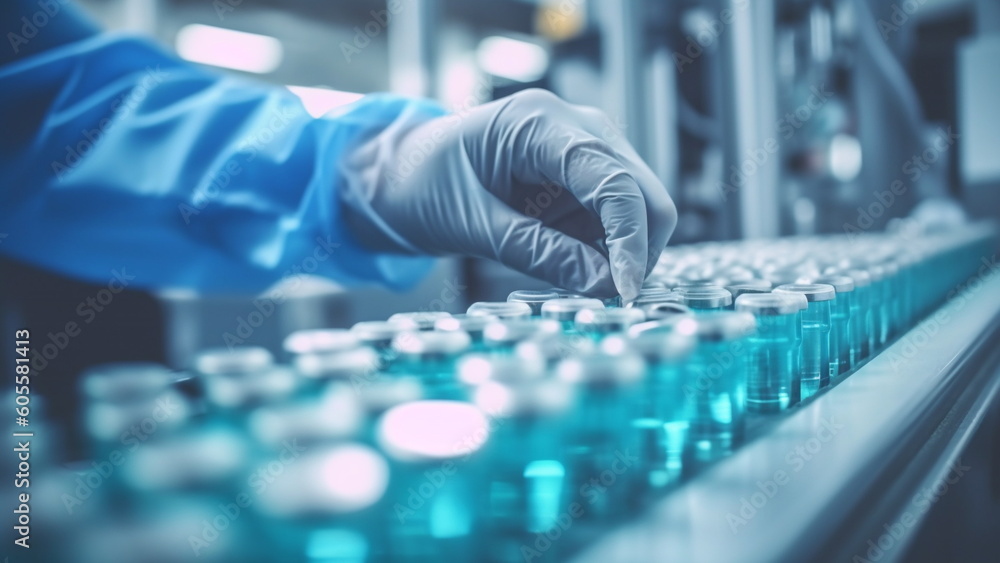 custom made wallpaper toronto digitalHands with sanitary gloves examining Medical vials on a production line in a pharmaceutical factory with Generative AI.