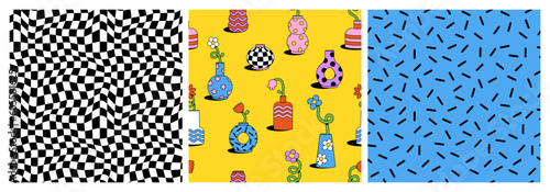 Cute cartoon flower and vase seamless pattern set. Daisy floral organic form and other elements in trendy playful cartoon style. Vector chessboard and abstract background.