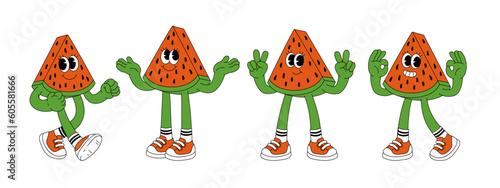 Fruit retro funky cartoon characters. Comic mascot of watermelon with happy smile face, hands and feet. Groovy summer vector illustration. Fruits flower berries juicy sticker pack.