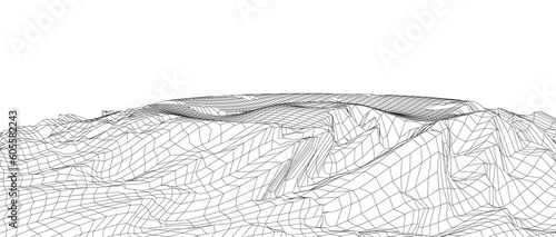 Digital wireframe landscape. Wireframe terrain polygon landscape design. Digital cyberspace in mountains with valleys. Vector illustration.