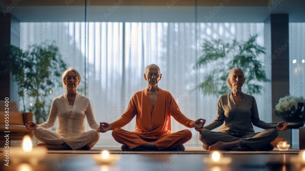 Mature Couple Practice Yoga the Concept of Healthy Lifestyle in Advanced Age Generative AI Digital Art Illustration Background Journal Mature Couple Practice Yoga the Concept of Healthy Lifestyle in Advanced Age Generative AI Digital Art Illustration Background Journal