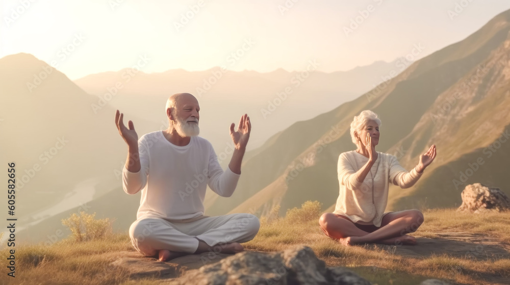 Mature Couple Practice Yoga the Concept of Healthy Lifestyle in Advanced Age Generative AI Digital Art Illustration Background Journal Mature Couple Practice Yoga the Concept of Healthy Lifestyle in Advanced Age Generative AI Digital Art Illustration Background Journal