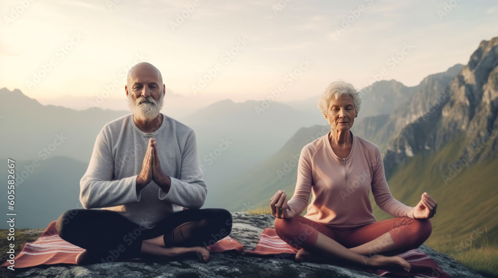 Mature Couple Practice Yoga the Concept of Healthy Lifestyle in Advanced Age Generative AI Digital Art Illustration Background Journal