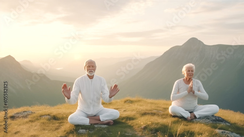 Mature Couple Practice Yoga the Concept of Healthy Lifestyle in Advanced Age Generative AI Digital Art Illustration Background Journal