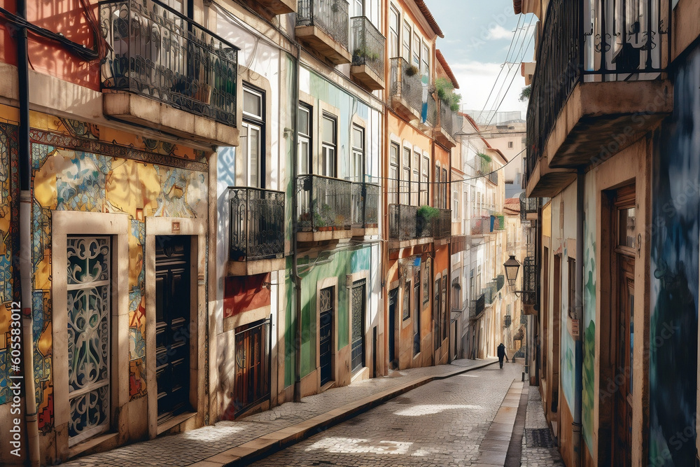 An illustration of a colourful street in Lisbon, featuring traditional tiled houses and showcasing the unique architectural details characteristic of Portugal's capital city.