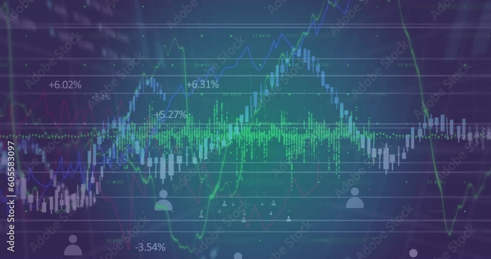 Animation of financial and stock market data processing against purple gradient background Animation of financial and stock market data processing against purple gradient background