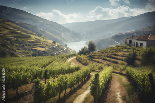 An illustration of a vineyard in the scenic Douro Valley  symbolising Portugal s rich winemaking tradition and the beauty of its countryside.