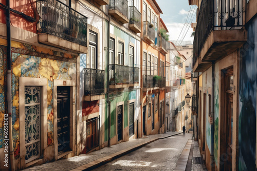 An illustration of a colourful street in Lisbon, featuring traditional tiled houses and showcasing the unique architectural details characteristic of Portugal's capital city. © Davivd
