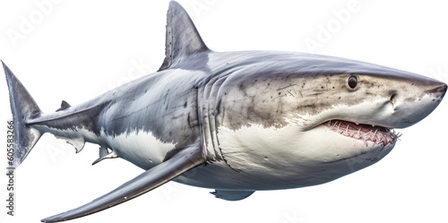 Dangerous marine great white shark swimming in the ocean isolated on a white background as transparent PNG  generative AI animal