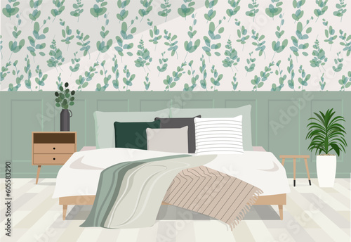 White and green farmhouse bedroom. Wallpaper and wood furniture.